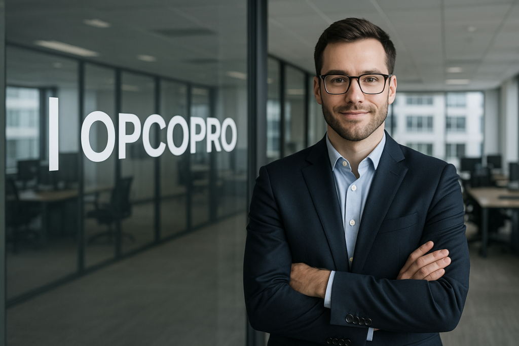 Professional portrait of a business executive standing inside an OPCOPRO corporate office, featuring modern glass partitions and company branding in the background.
