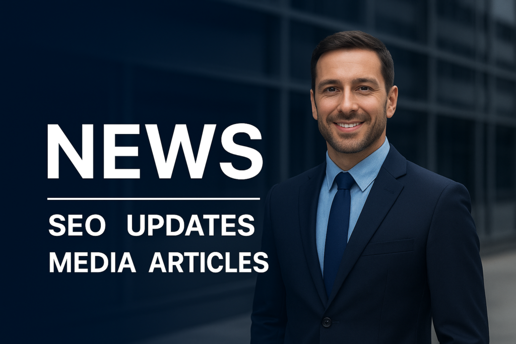 OPCOPRO news banner featuring a professional businessman standing beside the text “NEWS – SEO, Updates, Media, Articles” in front of a modern corporate office building.