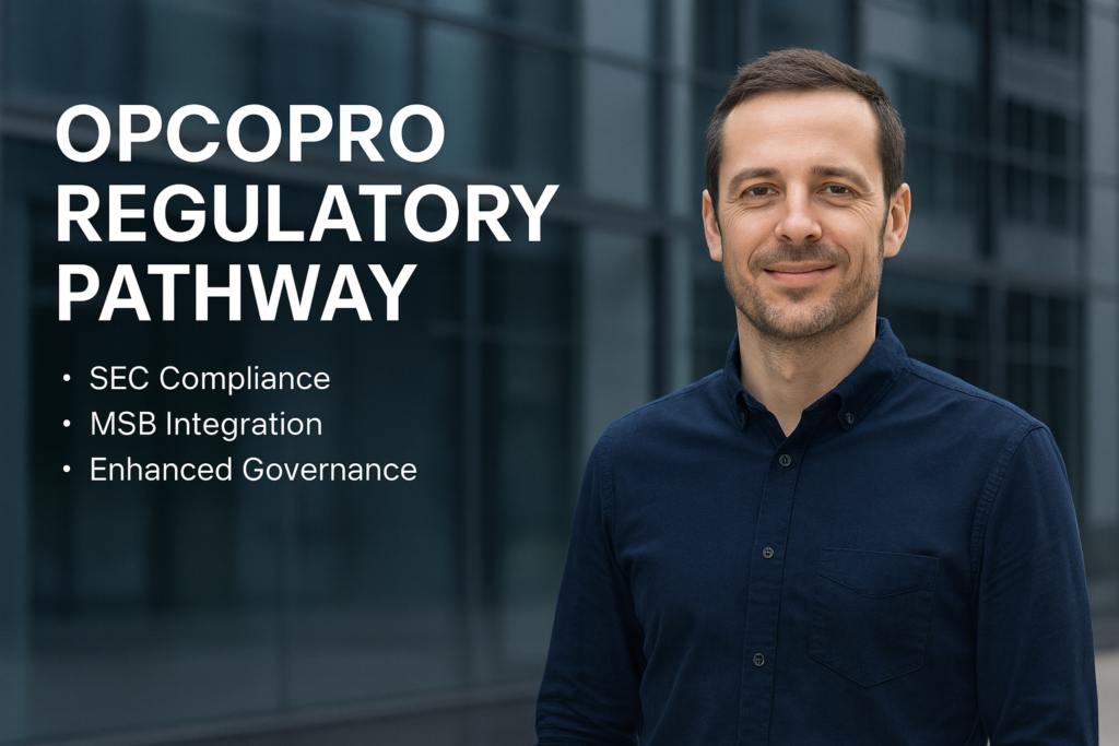 Professional portrait of a businessman standing in front of a modern glass office building, with the text "OPCOPRO Regulatory Pathway" and key points including SEC compliance, MSB integration, and enhanced governance.