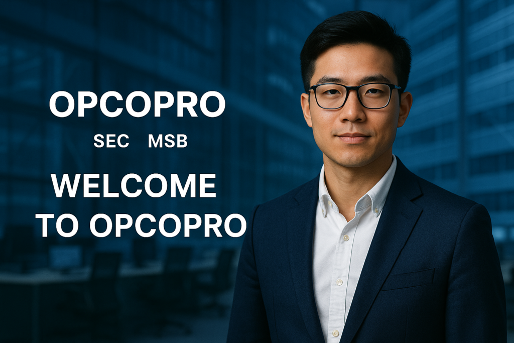 OPCOPRO homepage banner featuring a professional business person with a corporate office background, highlighting SEC and MSB compliance keywords.