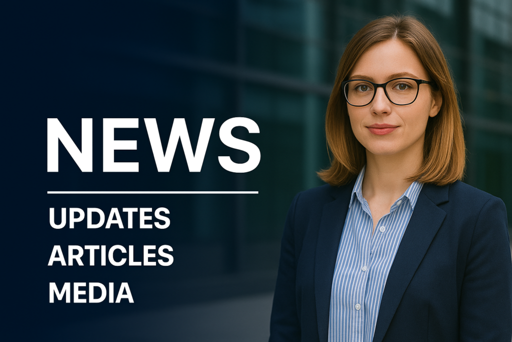 Businesswoman in a navy blazer standing next to the text “NEWS – Updates, Articles, Media” with a corporate office building background.
