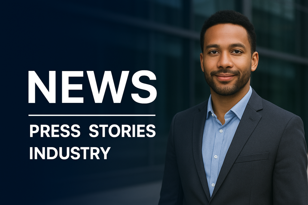 Professional man in a suit posed next to the text “NEWS – Press, Stories, Industry” with a modern corporate glass building backdrop.